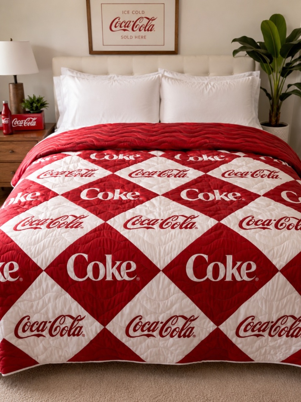 NWT Coca-Cola Reversible King Quilt Red White Coke Logo Bedding Collectible